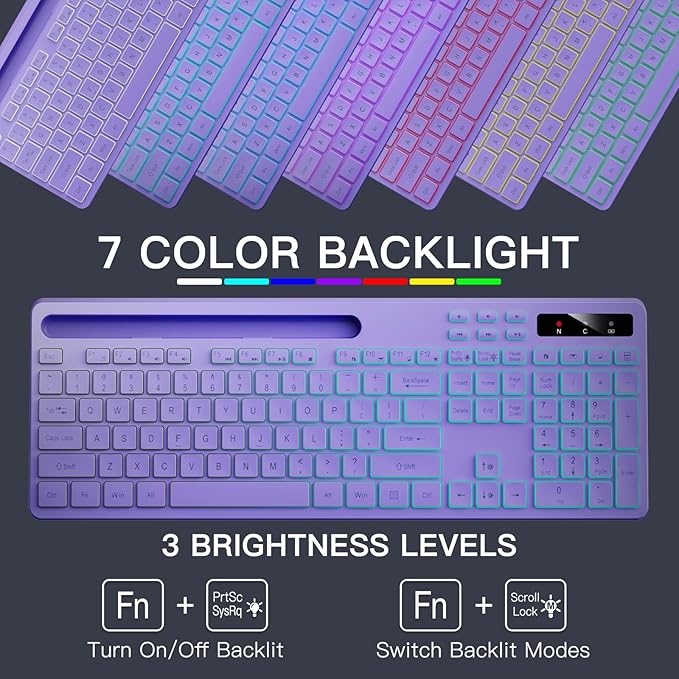 Wireless Keyboard with 7-Color RGB Backlit, Full-Size Computer Keyboard with Phone Tablet Holder, 2.4G Rechargeable Gaming Keyboard with Light Up Keys, Compatible with Mac, Windows (Purple)