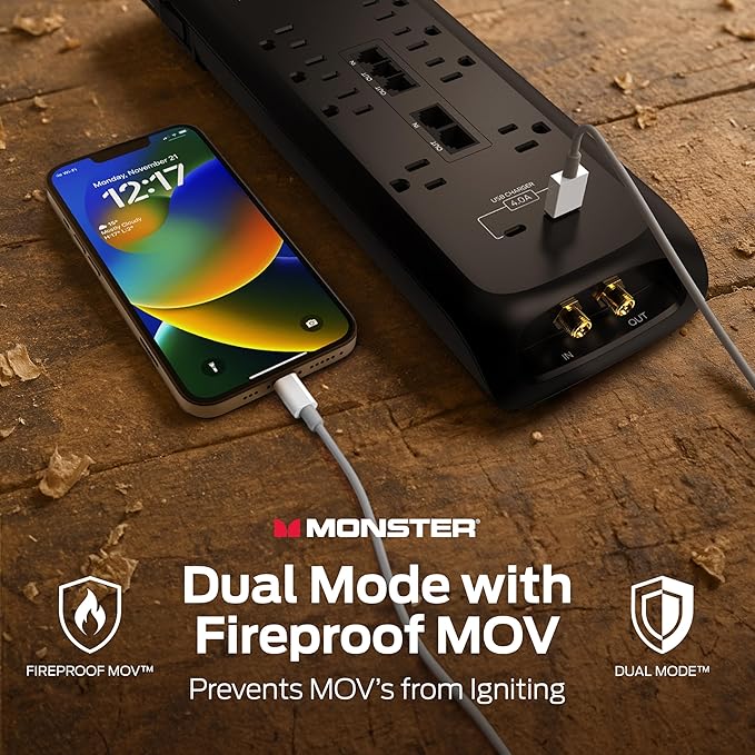 Monster Power Surge Protector w/ 4,050 Jules Rating — Heavy Duty Power Strips with Surge Protection, 8 Outlets, USB-A & USB-C, 2 Coax, 5 Ethernet Ports, Fireproof MOV, Dual Mode (6FT Cord, Black)