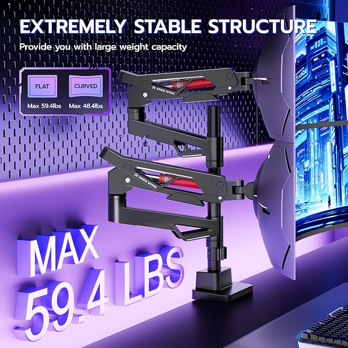 ARES WING Premium Monitor Arm, Ultrawide Monitor Stand up to 57'' and 60 Lbs per Screen, Heavy Duty Gas Sprinq Dual Monitor Mount Adjustable Arms, Various VESA Mount with Clamp/Grommet Base