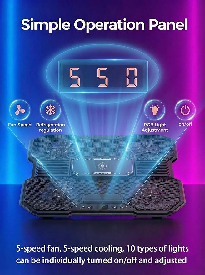 8-Fan Laptop Cooling Pad with Thermoelectric Cooler, 5-Speed Independent Control, 10 RGB Lights, 7-Height Adjustable Metal Panel Laptop Cooler, for 15.6-21 Inch Gaming Laptops
