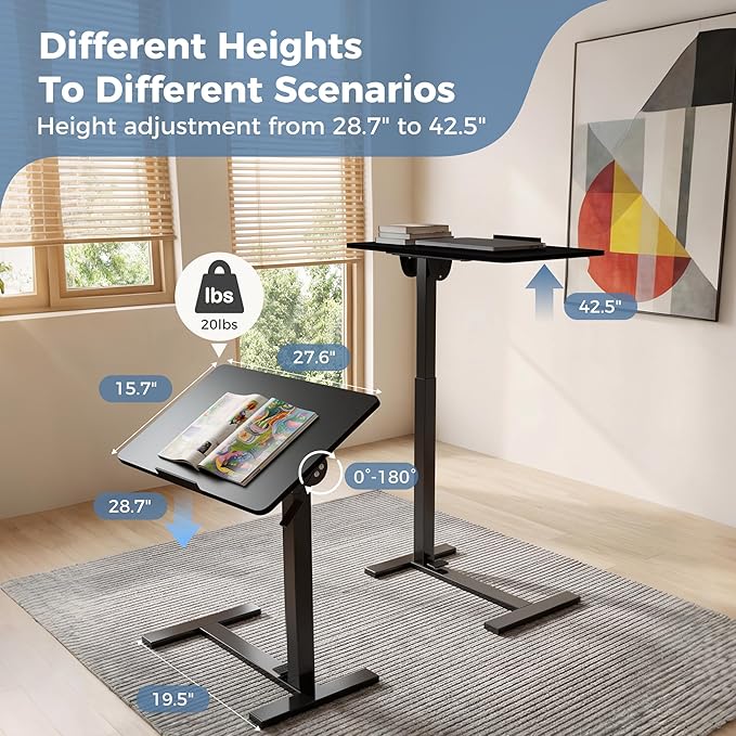 DUMOS Mobile Standing Desk, Height Adjustable Laptop Desk with Pneumatic Lift, Portable Computer Workstation Cart for Bed, Couch, Office, Sofa, Black