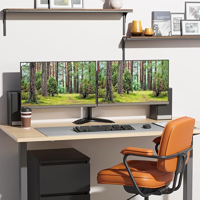 Free Standing Dual Monitor Stand for 13-27'' Screens, Dual Monitor Arms for 2 Monitors up to 22 lbs, Adjustable Dual Monitors Mount with C-Clamp and Grommet, VESA 75/100mm, Black