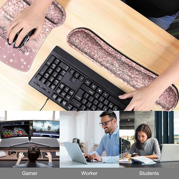 Keyboard Wrist Rest Pad and Ergonomic Mouse Pad Wrist Support Set Proverbs 31:25 Bible Verse Pink Design for Gaming, Office, Comfortable and Pain Relief with Coaster Set
