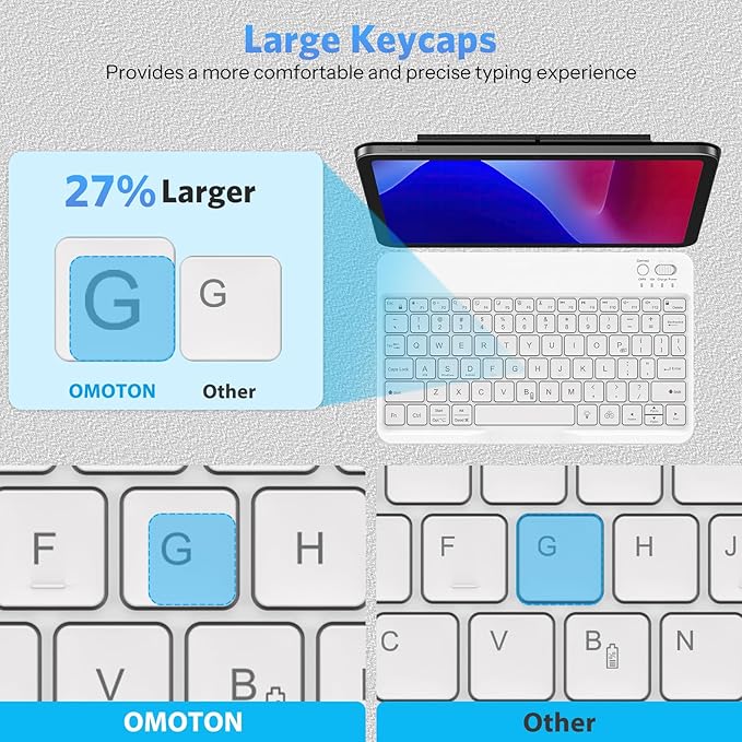 OMOTON Bluetooth Keyboard for Tablet/Android/Windows/iOS, with 7 Colors Backlight Rechargeable Wireless Mini Keyboard for Galaxy Tab A9+ / S9 FE / S10 / S11 / A11 Series etc, White