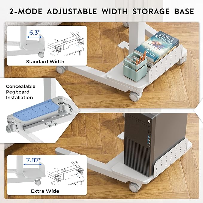 BONTEC Mobile Standing Desk Adjustable Height, Rolling Laptop Cart with Storage Shelf, Hooks, Portable Workstation with Pneumatic Lift, Ergonomic Compact Home Office Desk, White 23.6" x 20.5"