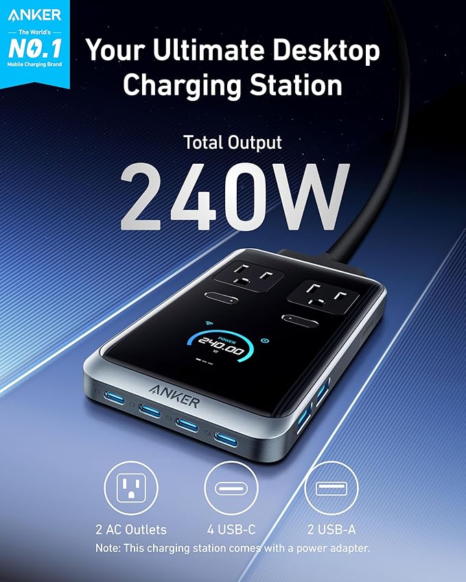 Anker Prime Charging Station, 240W 8-in-1 Power Strip, 5ft Detachable Extension Cord with Multiple Outlets, 2 AC, 4 USB C, 2 USB A, for iPhone, MacBook, Desk Accessories, Home Office (Not for Travel)
