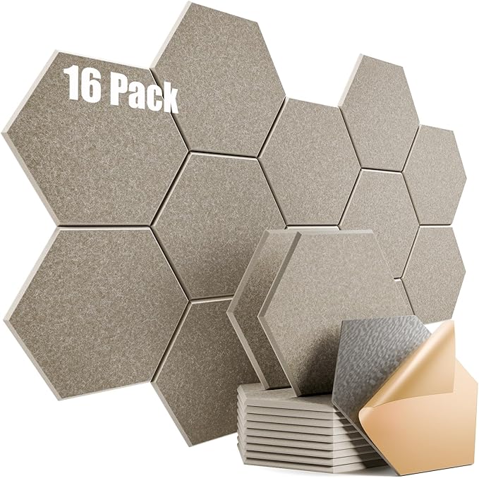16 Pack Self-Adhesive Acoustic Panels 12" X 10" X 0.4" - Sound Proof Foam Panels for Wall with High Density, Hexagon Design, Flame Resistant, Absorb Noise and Eliminate Echoes(Camel)