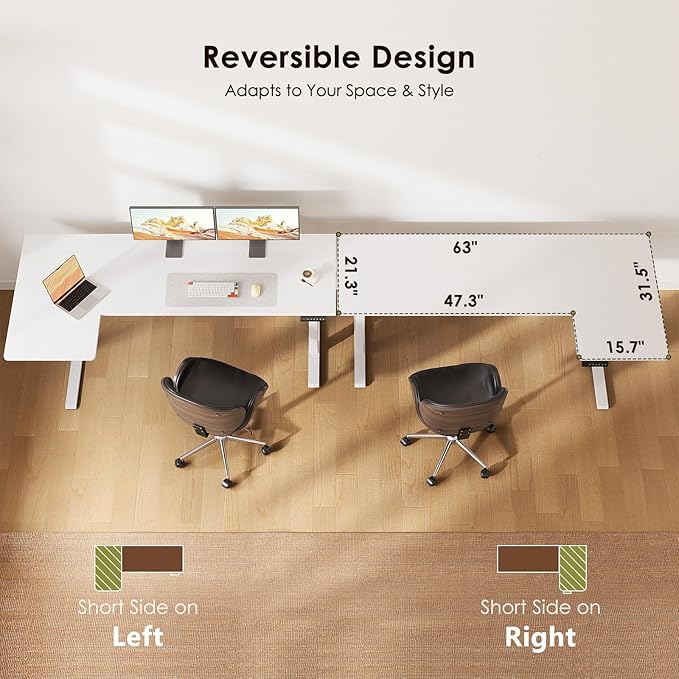 OffiGo Electric L Shaped Standing Desk, 63 Inches Height Adjustable Table, Reversiable Corner Stand Up Desk, Lifting Computer Table for Home Office, Computer Workstation, White