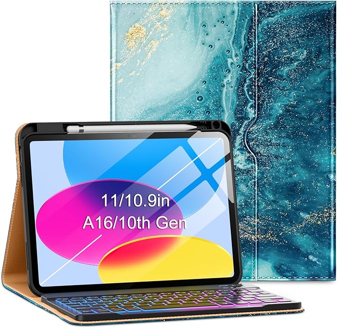 VIKESI Keyboard Case for iPad (A16,2025) 11th Generation/iPad 10th Generation Case (10.9" 2022),Premium Leather Smart Cover,Built-in Breathing Light,Function Row,Pencil Holder,Card Slots-Gold Texture