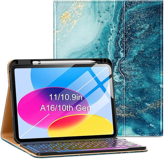 VIKESI Keyboard Case for iPad (A16,2025) 11th Generation/iPad 10th Generation Case (10.9" 2022),Premium Leather Smart Cover,Built-in Breathing Light,Function Row,Pencil Holder,Card Slots-Gold Texture
