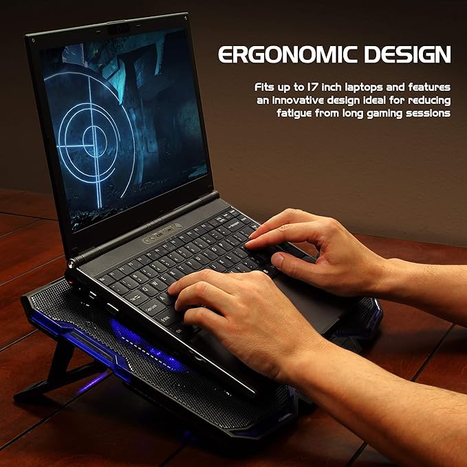 Enhance Cryogen Gaming Laptop Cooling Pad - Fits up to 17 inch Computer - Adjustable Laptop Cooling Stand with 5 Ultra Quiet Cooler Fans, 2 USB Ports and LED Lighting - Slim Portable Design 2500 RPM