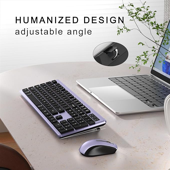 Wireless Keyboard and Mouse Combo, Full-Size 104-Key Office Keyboard with 15 Function Keys, Numeric Keypad, Single USB Receiver, Compatible with PC and Laptop(Purple)