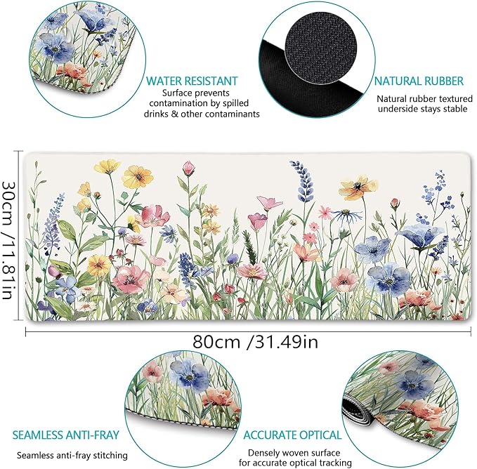 Flower Mouse Pad Large Desk Mat Pad, XL Computer Mousepad with Stitched Edges Non-Slip, Keyboard Mouse Pad for Desktop Laptop Work Home Cute Office Supplies Desk Accessories 31.5x11.8 in