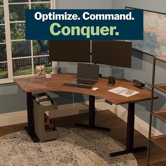 Vari Command Center Electric Standing Desk – 120° Curved Sit-Stand Gaming Desk Corner Workstation for Triple Monitors + Sloped Front Edge, 4 Height Settings, 200 lb Capacity (Walnut Top/Black Legs)