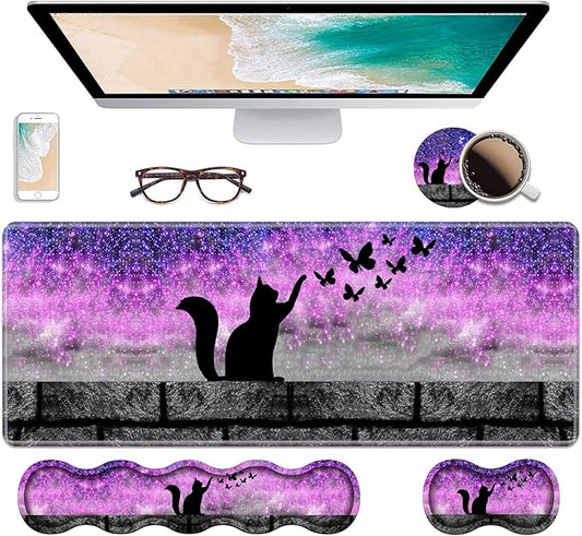 Ergonomic Keyboard Wrist Rest & Mouse Pad Wrist Rest Set, Large XXL Gaming Desk Mat 31.5"x 11.8" with Non-Slip Base, Memory Foam, Easy Typing Pain Relief for Home & Office, Black Cat and Butterfly