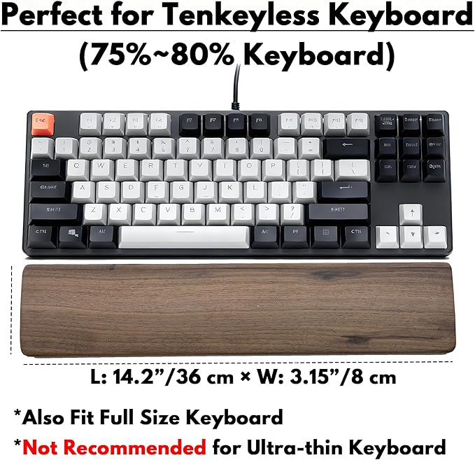 Premium Walnut Wooden Wrist Rest for Tenkeyless Keyboard, Ergonomic Curve & Easy Maintenance Wood Design Hand Rest for 75% 80% Keyboard (14.2" L)