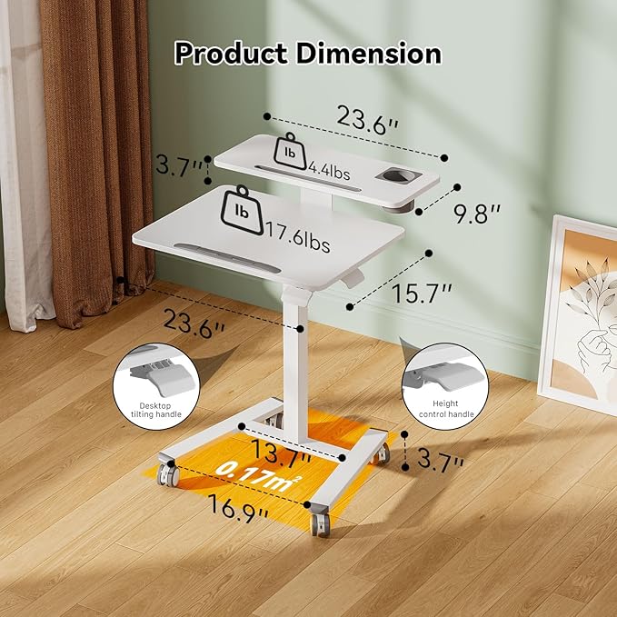 24Inch Rolling Standing Desk On Wheels， Mobile Laptop Stand with Tiltable Desktop， Smaller Computer Workstation Adjustable Height， 2-Tier Portable Study Table with Storage Shelves， White