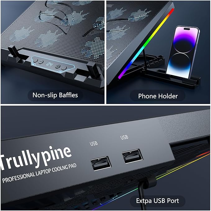 Laptop Cooling Pad with 12 Quiet Fans, Slim Portable for 12-17.3 Inch Laptop Cooler Stand, RGB Lighting, with 5 Height Adjustable, Gaming Cooling Fan Pad, USB/Type-C & Phone Holder (LCD)
