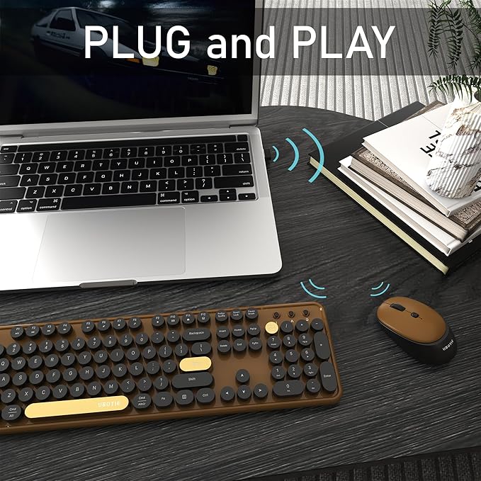 Colorful Wireless Computer Keyboards Mouse Combos, UBOTIE Polychrome Round Keycaps Retro PC Keyboards 2.4GHz Radio Frequency Connection with Optical Mouse(Black Brown)