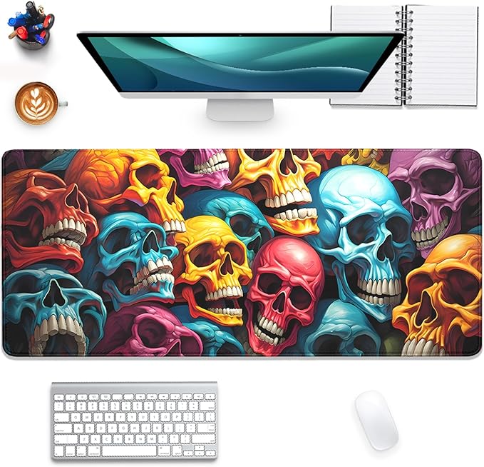 Scary Skeleton Mouse Pad Desk Pad,Colourful Skull Extended Gaming Mouse Mat with Stitched Edges Non-Slip Waterproof Rubber Base Mous Mat for Office Home Game Desk Pad(27.5X11.8 in)