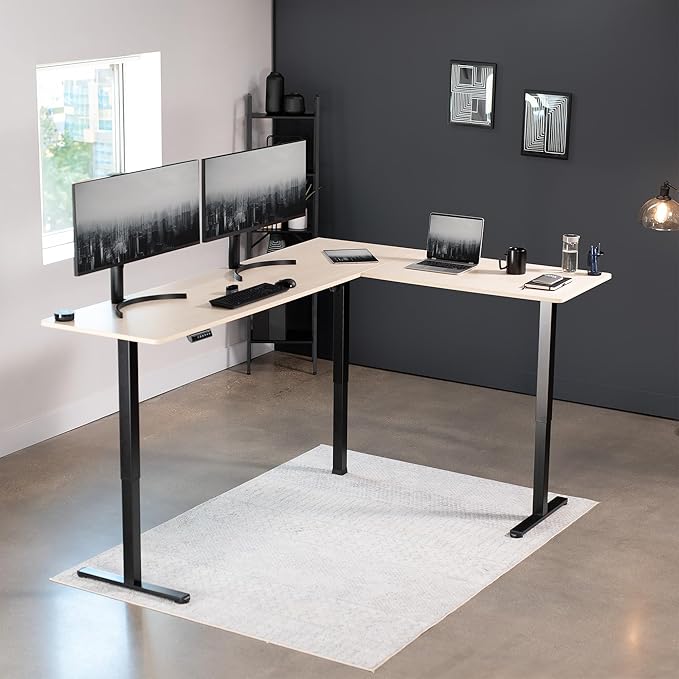 VIVO Corner Standing Desk, 84 x 63 inch Reversible L-Shaped Workstation, Electric Height Adjustment, Home, Office, and Reception Rooms, Light Wood Table Top Black Frame, DESK-E3CTBC-84