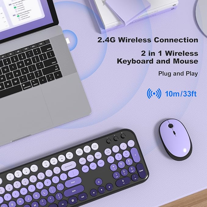 MOFII Wireless Keyboard and Mouse Combo - Blackpurple-Gradient Full-Sized Plug and Play Colorful Computer Keyboards - 104 Keys Round Keycap USB 2.4G Cute Keyboard for Windows/Laptop/Mac/Desktop/PC