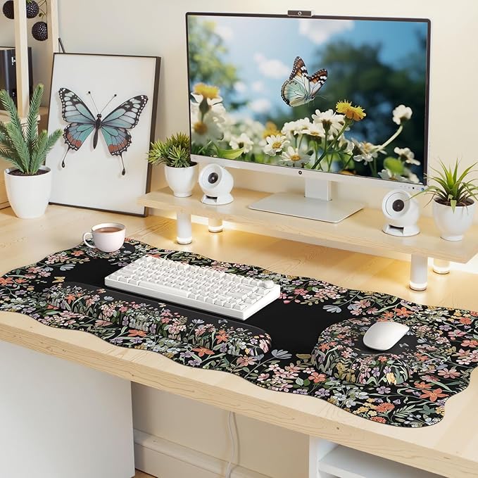 iLeadon Floral Desk Cover Mat Cute, Ergonomic Mouse Pad and Keyboard Wrist Rest, Smooth Mouse Pad Set, Non Slip Scalloped Desk Pad Mat for Keyboard and Mouse Set Women Aesthetics(Black)