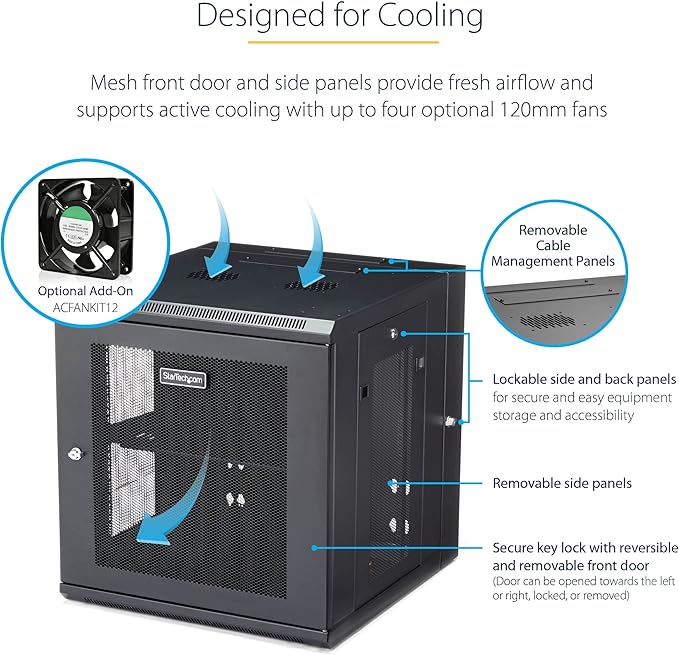 StarTech 4-Post 12U Wall Mount Network Cabinet with 1U Shelf, 19in Wall-Mounted Server Rack Kit, Up to 20in Mounting Depth, Ships Fully Assembled