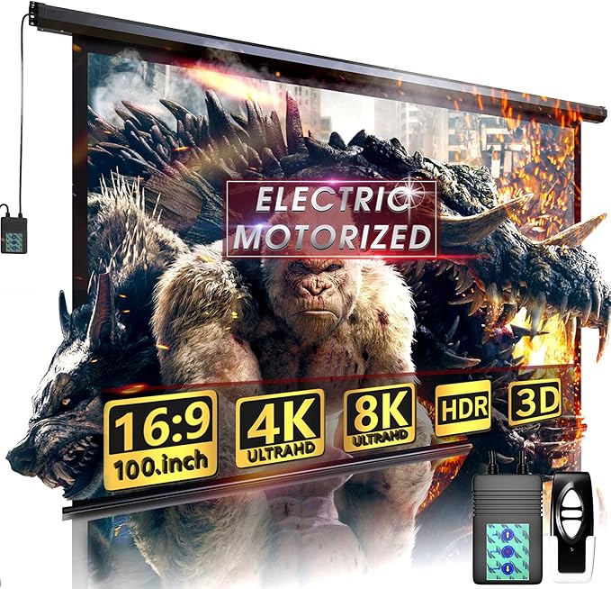 100" Motorized Projector Screen - Indoor and Outdoor Movies Screen 100 inch Electric 16:9 Projector Screen W/Remote Control