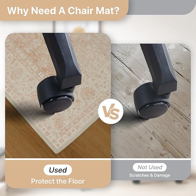 48"x60" Office Chair Mat for Hardwood Tile Floor, Under Desk Carpet Protector for Rolling Computer Chair Mat, Machine Washable Area Rug, Anti-Slip 1/5" Thick Low Pile Thin Vinyl Floor Mat, Dusty Pink