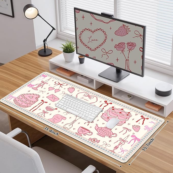 Desk Pad for Keyboard and Mouse, Large Mouse Pad for Desk, Non-Slip Keyboard Mat, Computer Mats for Desk, Cute Desk Pad with Stitched Edges for Office, Gaming I Kawaii Pink Bow Heart