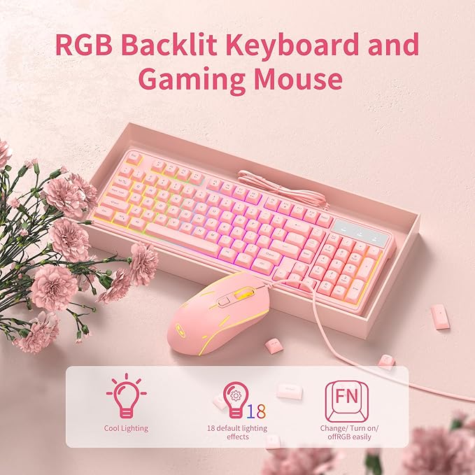 Camiysn Wire Gaming Keyboard, 7 Colorful Rainbow Backlight Classic Gaming Keyboard (Pink-Set)