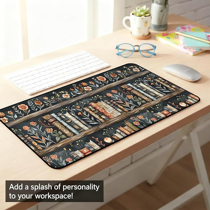 Vintage Flower Bookshelf Desk Mat, Library Book Mouse Pad Desk Pad, Extended Large Gaming Computer Laptop Keyboard and Mousepad, with Stitching Edges, for Women Office Desk Decor 31.5"X15.7"