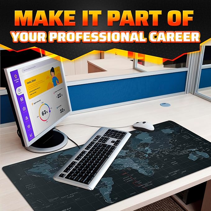 World Map Mouse Pad Large 35x15.7 - Geographical Designed XL Gaming Mouse Pad Map with Soft & Water-Resistant Coating - Easy to Clean Large Mousepads for Desk, XL Mousepad Mat for Games & Work