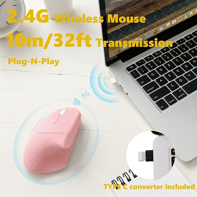 Urby Left Handed Mouse, Vertical Left Handed Ergonomic Wireless Mouse, Ideal for Lefty Users, Gaming & Office Use, Compatible with Windows/macOS/iPadOS. Pink