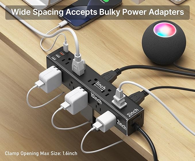 CCCEI Standing Desk Clamp Power Strip with 15 Outlets, Widely Spaced Desktop Edge Mount Surge Protector Outlet, Fast Charging USB-A and USB-C Ports, 15 FT Flat Plug, Black Fit 1.6 inch Table top.