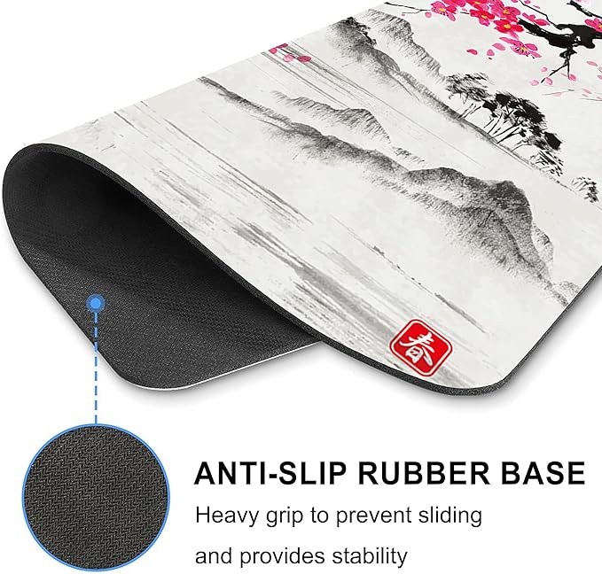 Cherry Blossom Mouse Pad Sakura Japanese Gray Mousepad Desk Grey Pink White Flower Floral Tree Japan Vintage Watercolor Aesthetic Landscape Scenery Computer Gaming Square Art Mat Accessories Travel
