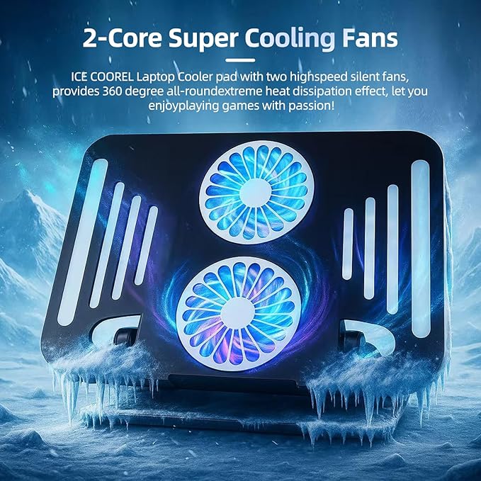 Laptop Cooling Stand with Dual Turbo Cooling Fans, Adjustable Height & Angle, 360° Rotating, Ergonomic Aluminum Notebook Riser for 10-17 inch Laptops (Obsidian Black)