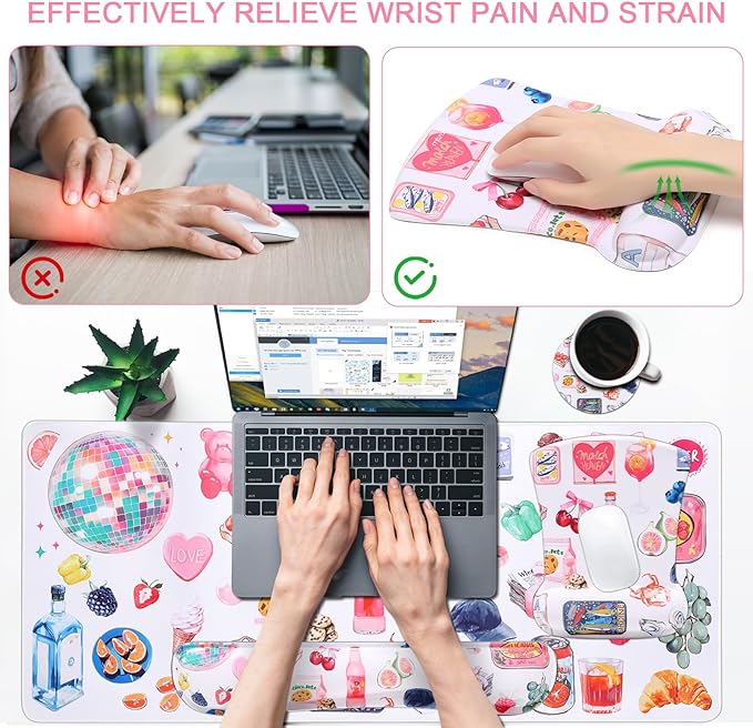 MEGREZ 4-in-1 Ergonomic Memory Foam Wrist Rest Set, Desk Pad, Mouse Pad with Wrist Rest, Keyboard Pad, Suitable for Office Workers, Programmers & Gamers–Relieve Typing & Gaming Fatigue, Off White