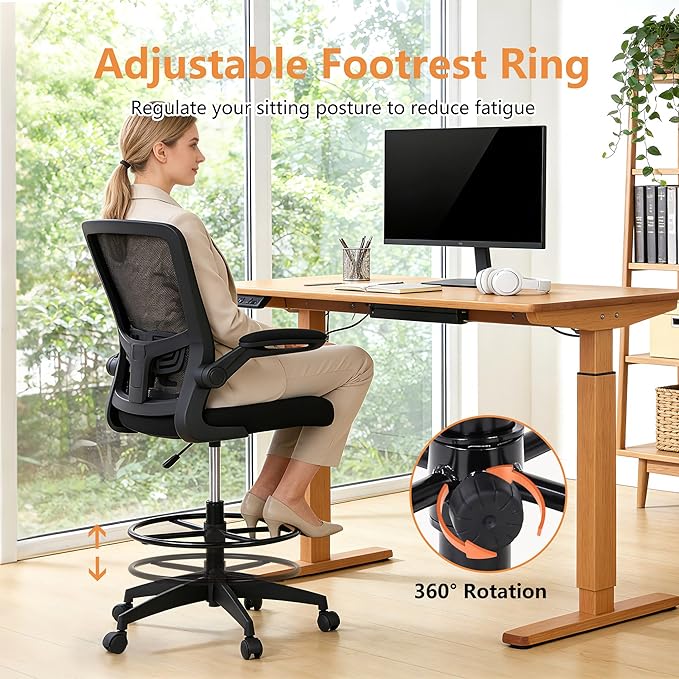 BestOffice Drafting Chair Tall Office Chair Adjustable Height with Lumbar Support Flip Up Arms Footrest Mid Back Task Mesh Desk Chair Computer Chair Drafting Stool for Standing Desk