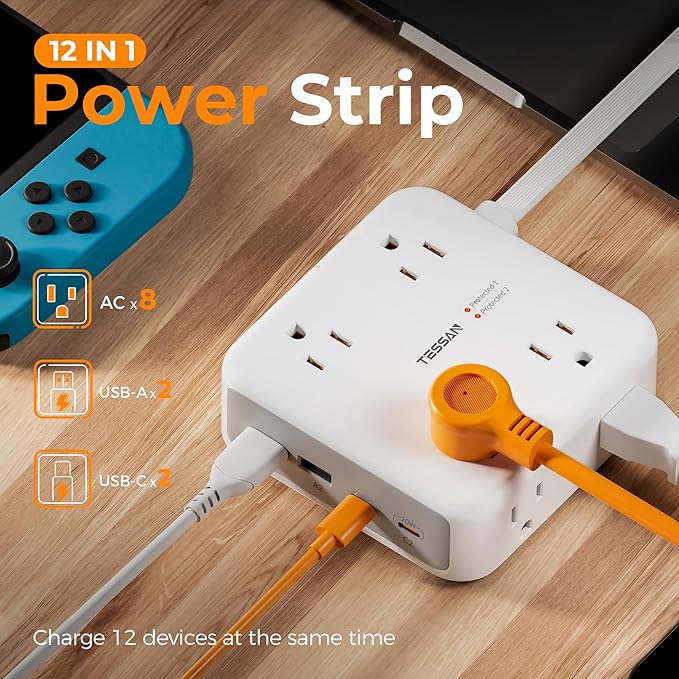 TESSAN Dual Surge Protector Power Strip, 5 Ft Extension Cord Flat Wall Plug with 4 USB (2 USB C) 8 Outlets, 2100J Surge Protection, 20W Multiple Charging Station for Home, Office, College, Dorm Room