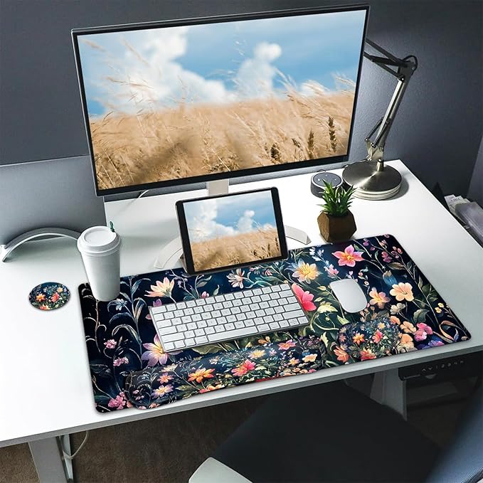 Large Mouse pad and Keyboard Support Set, Ergonomic Memory Foam Keyboard Wrist Rest, Extended Gaming Mouse Pad with Stitched Edges, Folral Plants XXL Desk Mat (31.5 X 11.8 in)