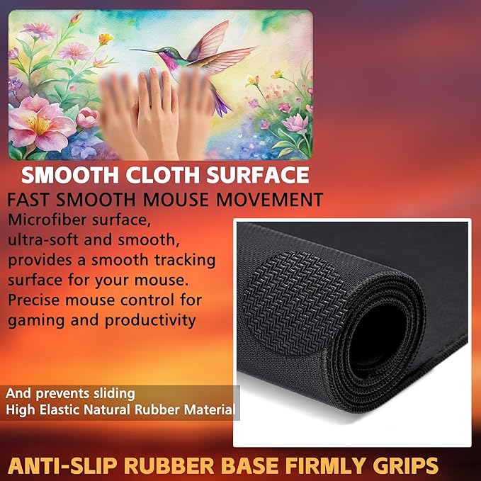 Large Gaming Mouse Pad for Desk, Watercolor Flying Hummingbird Desk Mat, Beautiful Garden Desk Pad, 31.5"x15.7" Extended Big Computer Keyboard Mouse Pad with Non-Slip Base and Stitched Edge