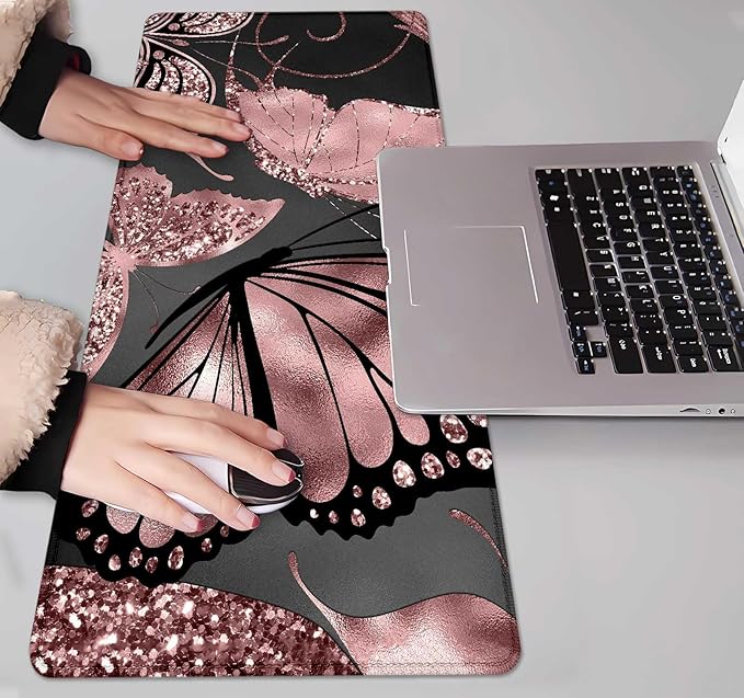 IMAYONDIA Gaming Mouse Pad for Women, Large Non-Slip Rubber Base Mousepad with Stitched Edges, Keyboard Mouse Mat Desk Pad for Work, Game, Office, 31.5x11.8 Inch - Rose Gold Glitter Foil Butterfly
