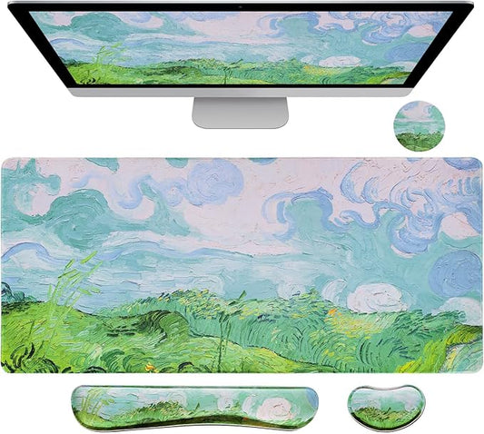 Bloss Green Mouse Pad with Wrist Support, XL Desk Mat for Desktop, Wrist Rest with Mouse and Keyboard Pad, Desk Pad Protector for Office and Home-Green Wheat Field(35.4 x 15.7 Inches)