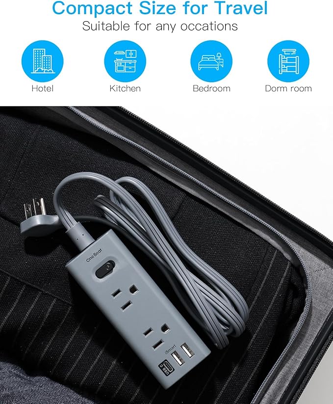 10Ft Extension Cord with Multiple Outlets, Flat Plug Power Strip Surge Protector with 10 Ft Long Cord, 6 Outlet 3 USB Ports (1 USB C), Multi Outlet Wall Plug for Travel, Dorm Room Essentials-Grey