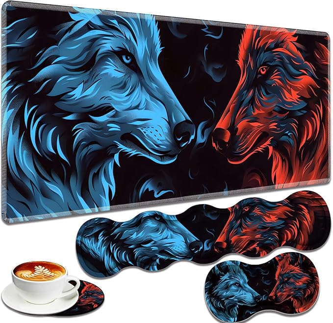 Large Gaming Mouse Pad + Keyboard Wrist Rest + Wrist Support + Coaster Set, Memory Foam Ergonomic for Easy Typing, XXL Extended Gaming Mouse Pad Table Pad - Flame Double Wolf
