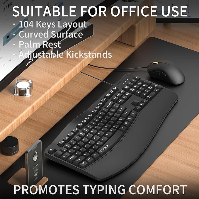 RECCAZR Ergonomic Keyboard, Wired Computer USB Keyboard with Wrist Rest, Spill-Resistant, Wave Keys for Natural Typing, Compatible with Windows/PC/Laptop(Black)