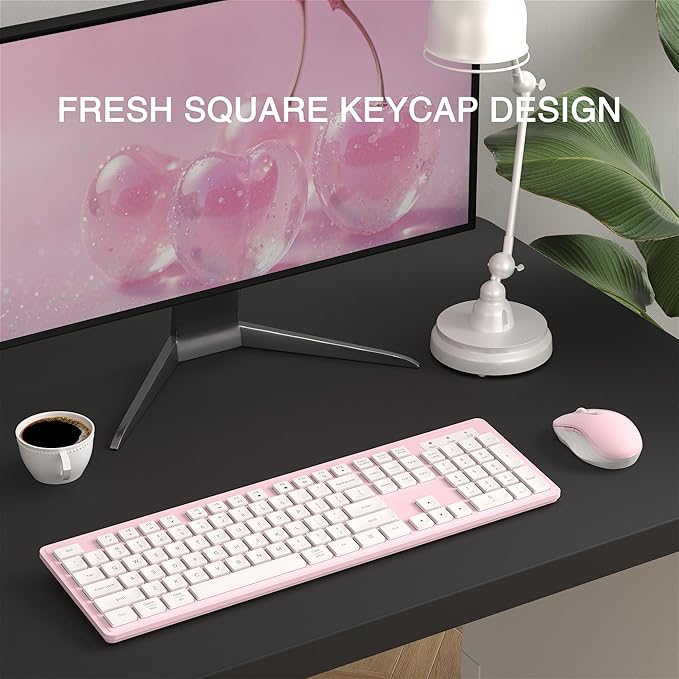 Wireless Keyboard and Mouse Combo, Full-Size 104-Key Office Keyboard with 15 Function Keys, Numeric Keypad, Single USB Receiver, Compatible with PC and Laptop(Pink White)