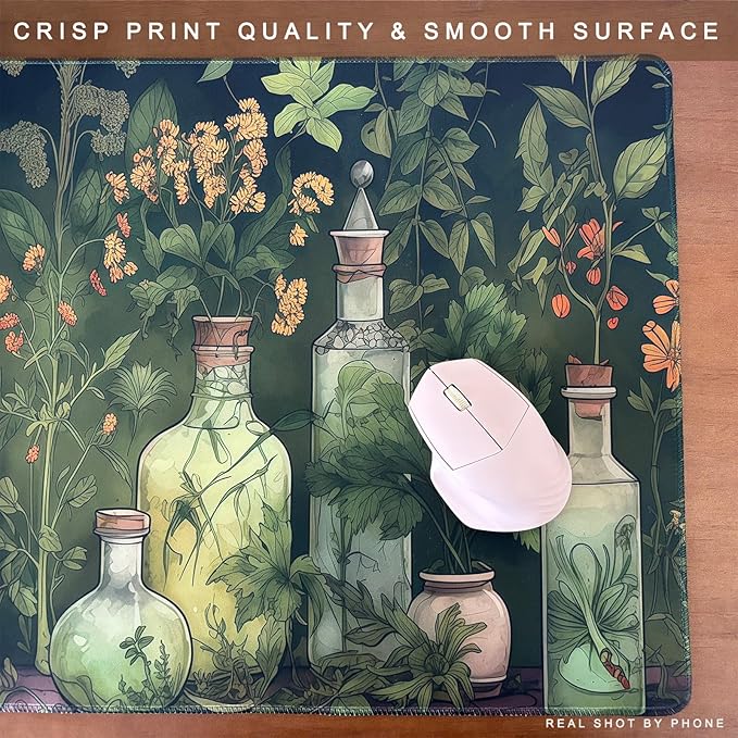 Green Enchanted Apothecary Desk Mat - Large Mouse Pad Mystical Herb Jars with Vines- Gothic Alchemy Bottles & Botanical Curiosities- Witchy Potion Brewer XL Desk Pad Cottagecore Decor 31.5 * 15.7in
